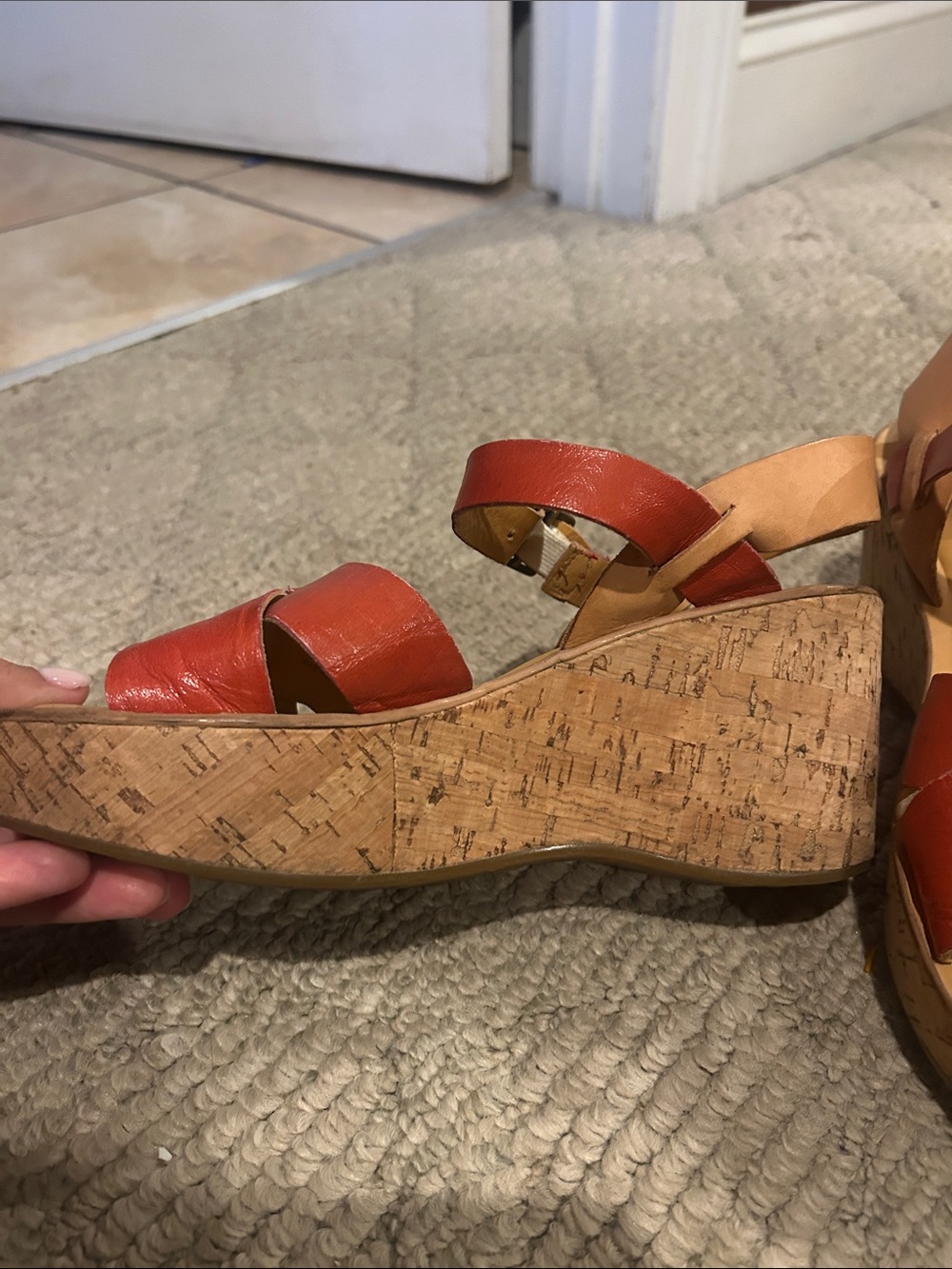 Kork-Ease Women's Red Leather Cork Wedge Sandals - Picture 3 of 13